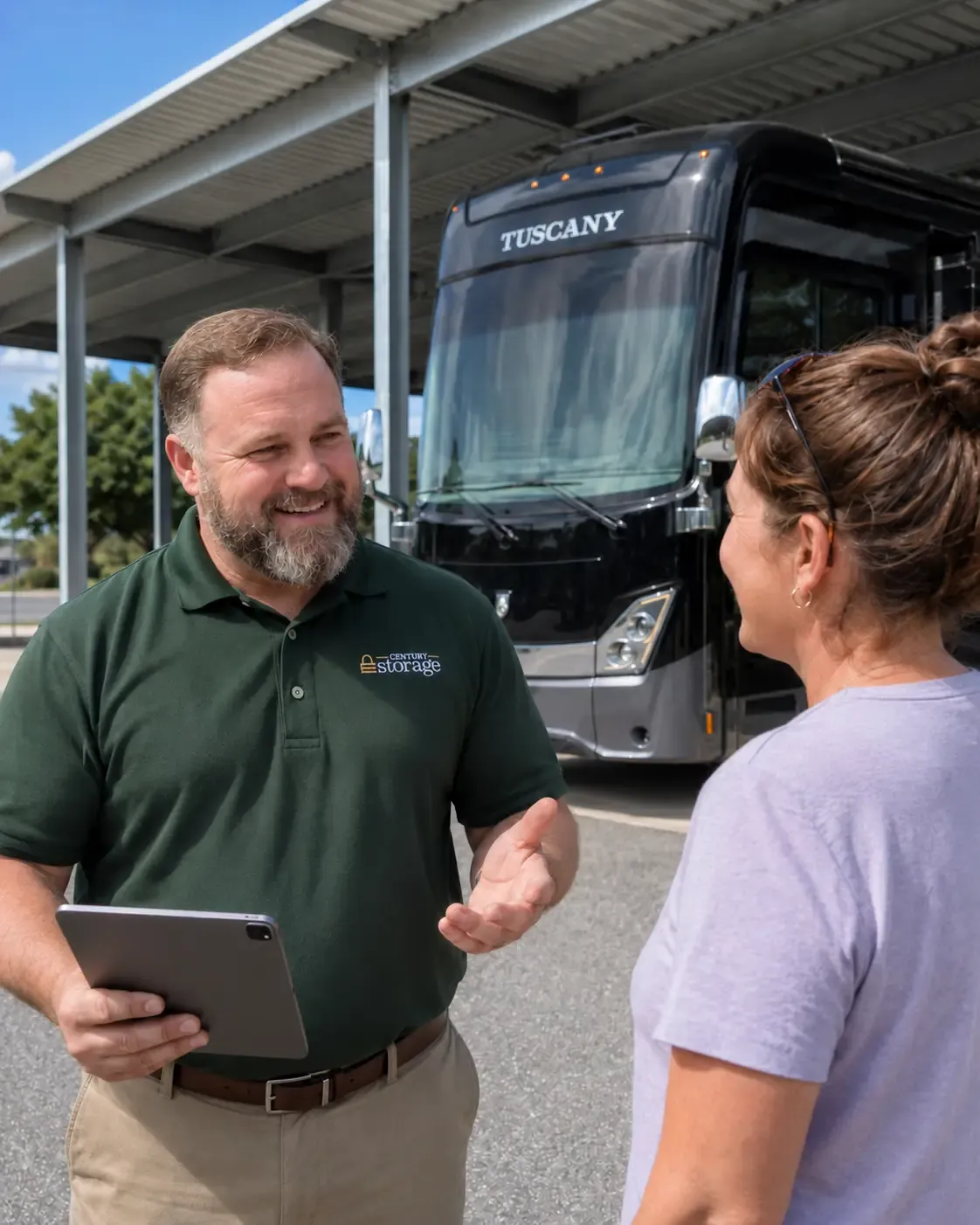 Man helping lady with RV Parking Storage unit at storage facility